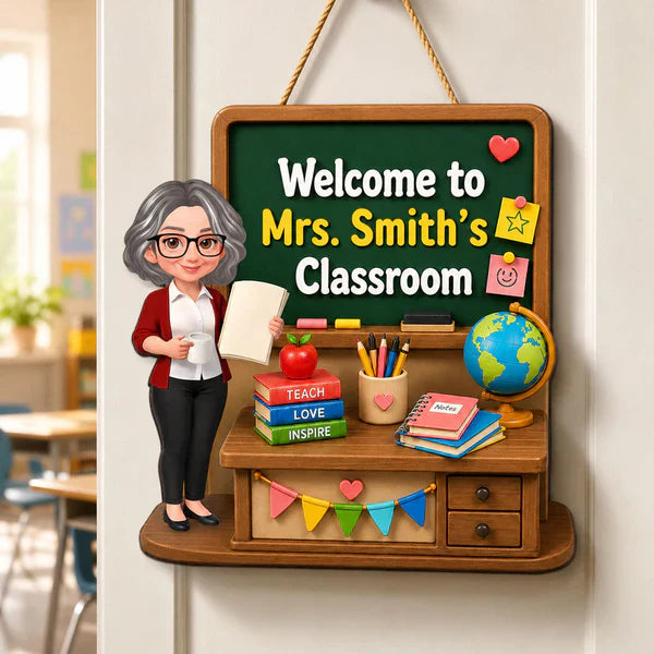 Personalized Wooden Sign with Standing Cartoon Teacher, Green Board Classroom Decor, Unique Teacher Gift