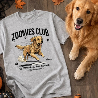 Personalized Classic Tee with Running Dog Illustration, Vintage Zoomies Club Design, Unique Gift for Dog Lovers