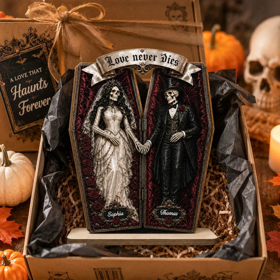 Personalized 2-Layer Wooden Plaque, Skeleton Couple Coffin Halloween Decor, Unique Gift for Couples
