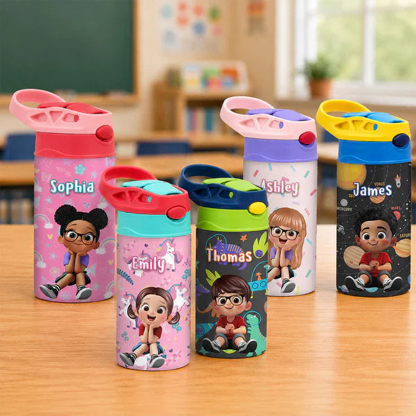 Personalized Kids Water Bottle with Pink Unicorn Pattern, Unique Creative Gift for Daughter