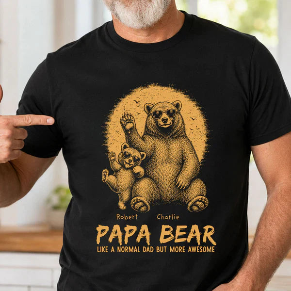 Personalized Classic Tee With Waving Papa Bear Art, Unique Father's Day Gift For Dad
