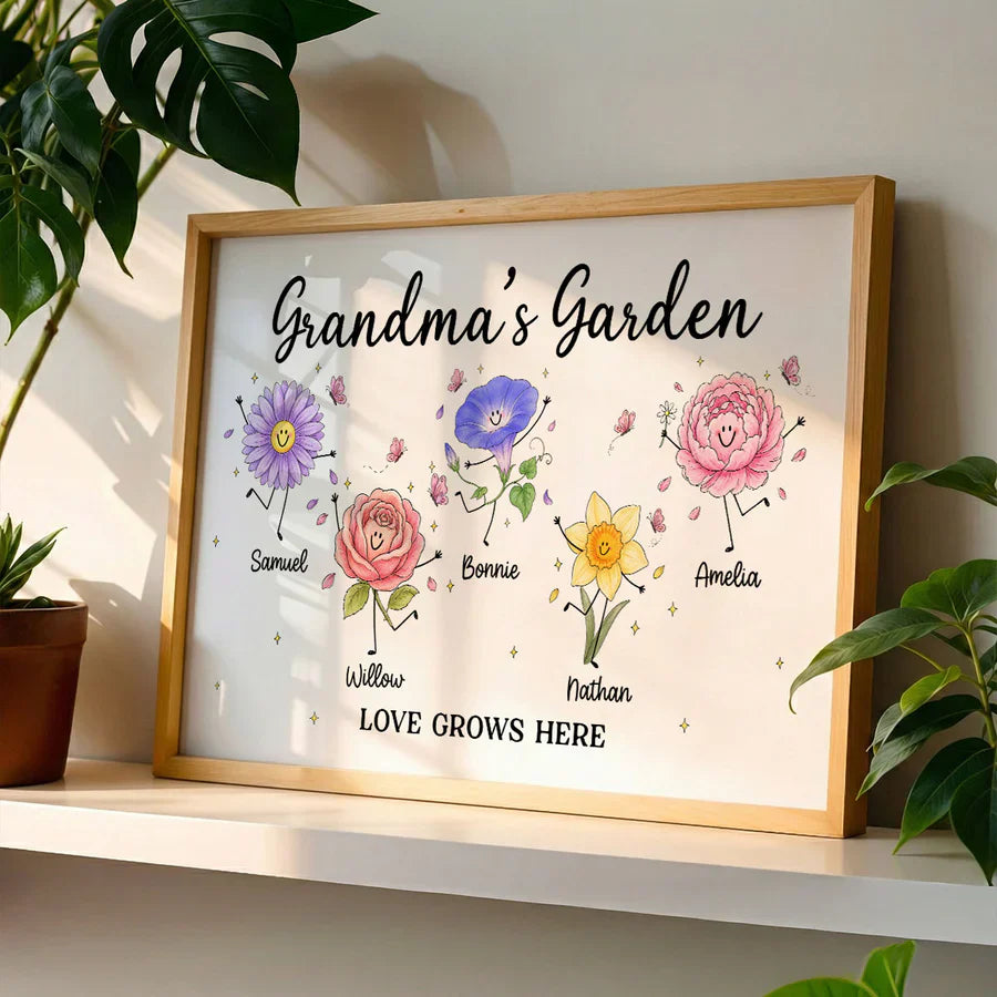 Personalized Grandma's Garden Canvas With Soft Floral Doodles, Unique Gift For Grandma & Home Decor