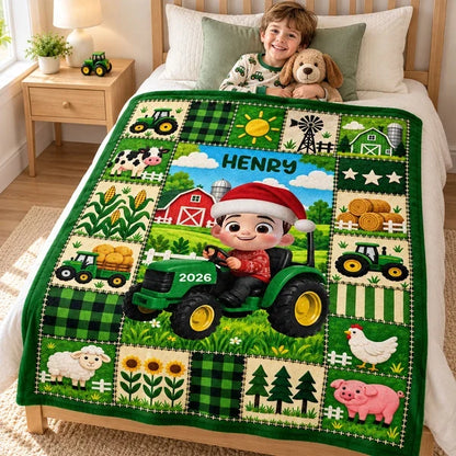 Personalized Fleece Blanket, Christmas Farm Boy Driving a Tractor, Unique Gift for Kids and Grandkids