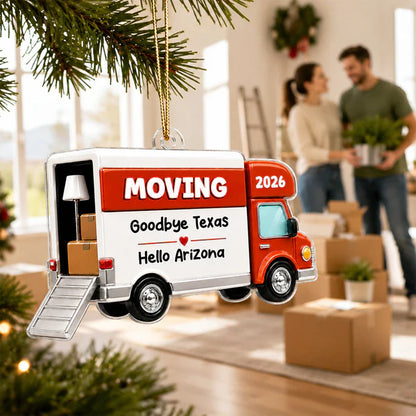 Personalized Acrylic Ornament, Red Moving Van Hanging Tree Decor, Unique New Home Gift for Family