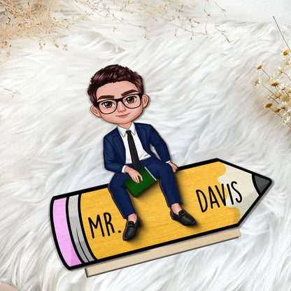 Personalized 2-Layer Wooden Plaque, Cartoon Teacher On Pencil, Unique Gift For Classroom Desk