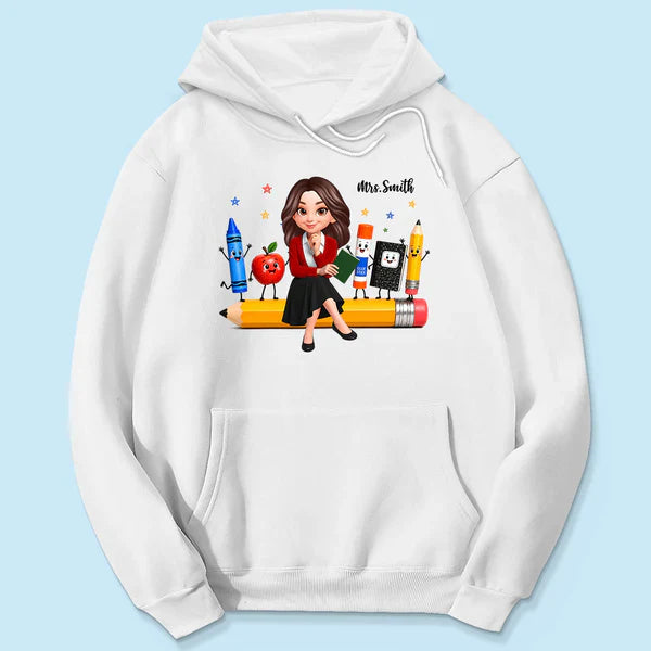 Personalized Teacher Classic Tee With Cartoon School Supplies, Unique Back to School Gift