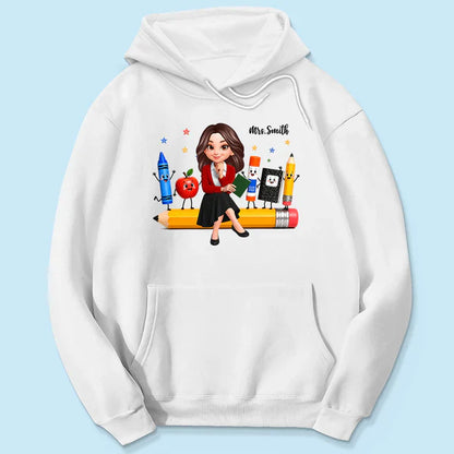 Personalized Teacher Classic Tee With Cartoon School Supplies, Unique Back to School Gift