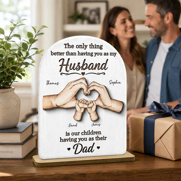 Personalized 2-Layer Wooden Plaque, Family Hands Illustration, Unique Gift for Husband & Dad
