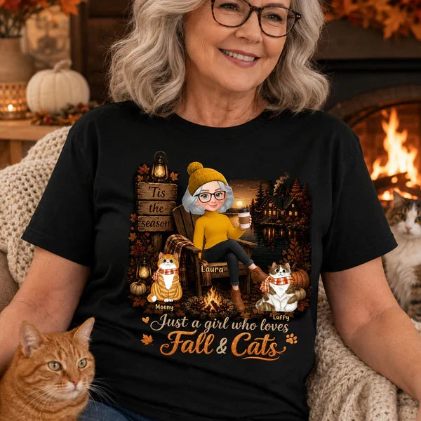 Personalized Classic Tee, Woman With Cats in Cozy Fall Cabin Scene, Unique Gift for Cat Moms