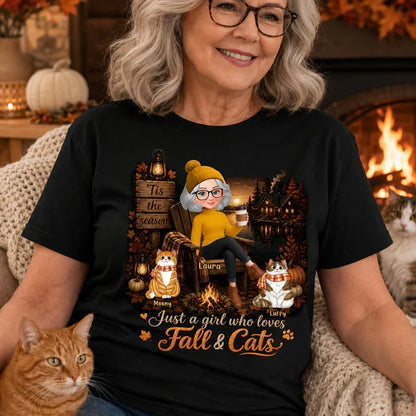 Personalized Classic Tee, Woman With Cats in Cozy Fall Cabin Scene, Unique Gift for Cat Moms