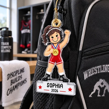 Personalized Acrylic Ornament, Red Cartoon Girl Wrestler Raising Her Fist, Unique Gift for Daughter
