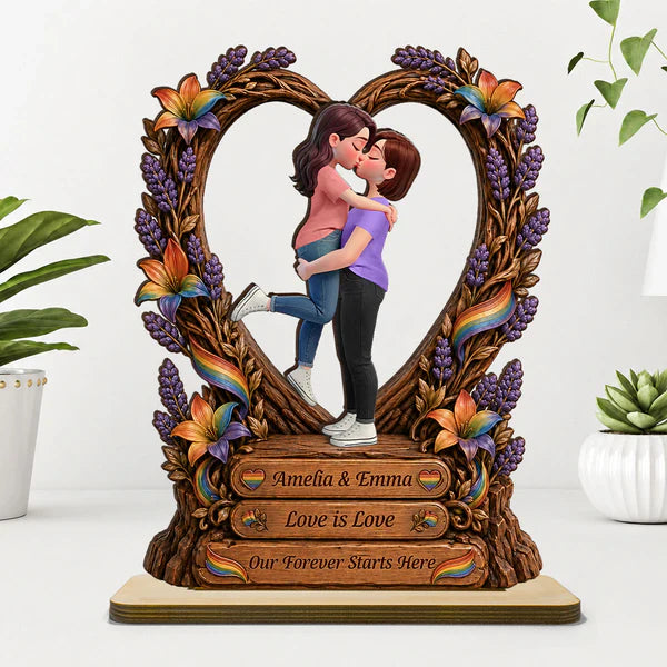 Personalized Wooden Plaque, Kissing LGBT Couple With Rainbow Flag, Unique Creative Gift for Couple