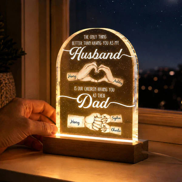 Personalized Block LED Light Plaque with Hand Heart Art, Unique Bedside Gift for Husband & Dad