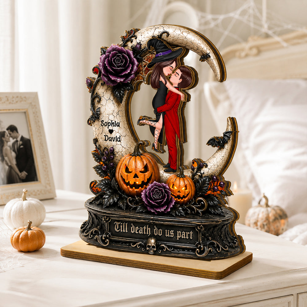 2-Layer Wooden Plaque with Spooky Couple & Pumpkins, Custom Romantic Keepsake, Creative Gift for a Couple