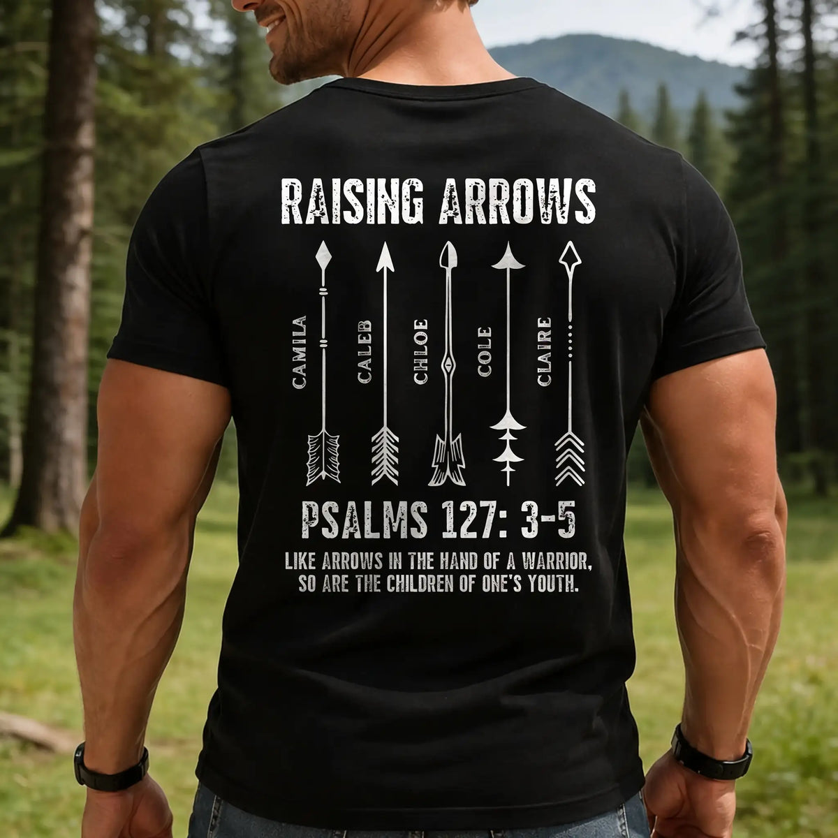 Personalized Raising Arrows Classic Tee, Bible Verse Back Print, Unique Christian Gift for Dad