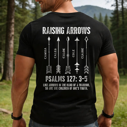 Personalized Raising Arrows Classic Tee, Bible Verse Back Print, Unique Christian Gift for Dad