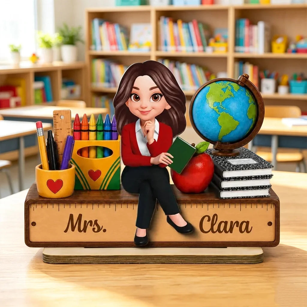 Teacher Wooden Plaque With Apple, Globe & Crayons, Personalized Creative Gift For Classroom Decor