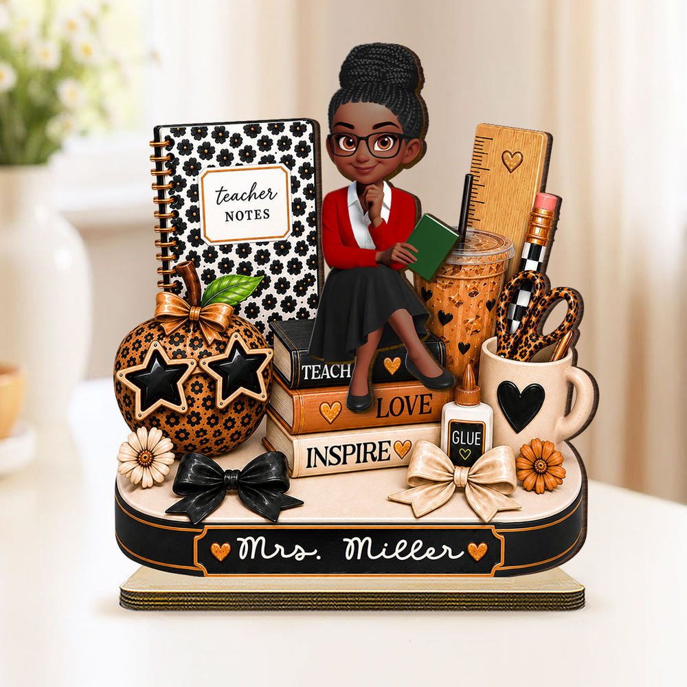 Personalized 2-Layer Wooden Plaque, Seated Teacher & Leopard Desk Decor, Unique Creative Gift for Teacher