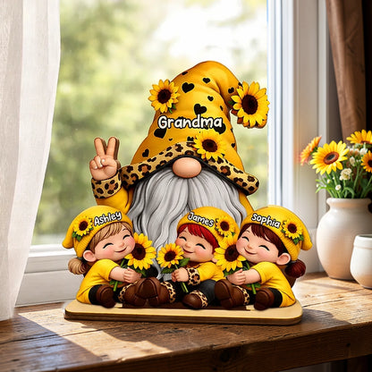 Personalized 2-Layer Wooden Plaque Gnome Grandma With Grandkids and Sunflowers Cute Family Keepsake Unique Gift for Grandma