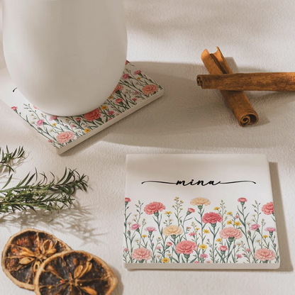 Round Ceramic Coaster, Personalized Floral Keepsake, Creative Gift for Friend, Sister or Coworker