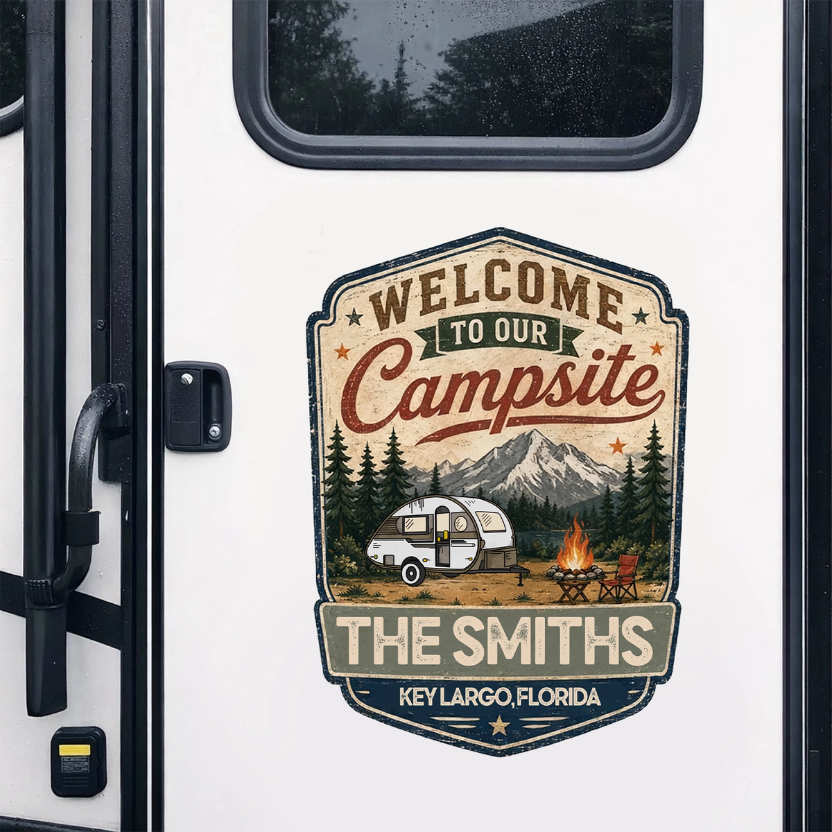Personalized RV Sticker Decal, Vintage Campsite Camper Design, Unique Creative Gift for Campers