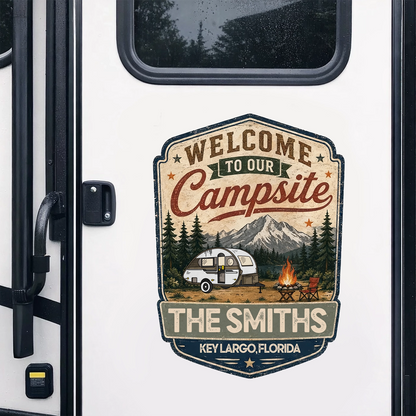 Personalized RV Sticker Decal, Vintage Campsite Camper Design, Unique Creative Gift for Campers