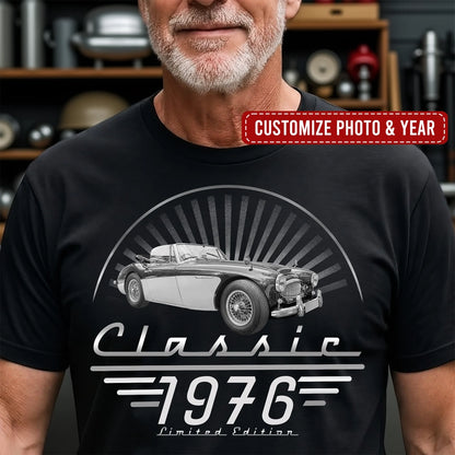 Personalized Washed Denim Baseball Cap With Retro Hot Rod & Sunburst Art, Unique Gift for Car Lovers