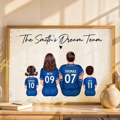 Personalized Soccer Family Poster, Sitting Back View Dream Team, Unique Gift for Mom & Dad