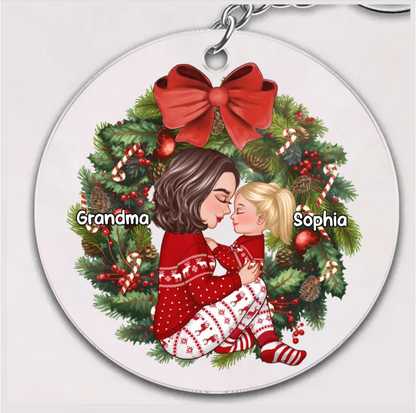 Grandma Mom Hugging Kid Sitting On Christmas Wreath Personalized Piggy Bank or Ornament or Plaque or Keychain or Poster