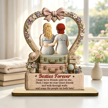 Personalized 2-Layer Wooden Plaque, Besties Forever Seated Arm in Arm, Vintage Floral Unique Gift for Best Friend