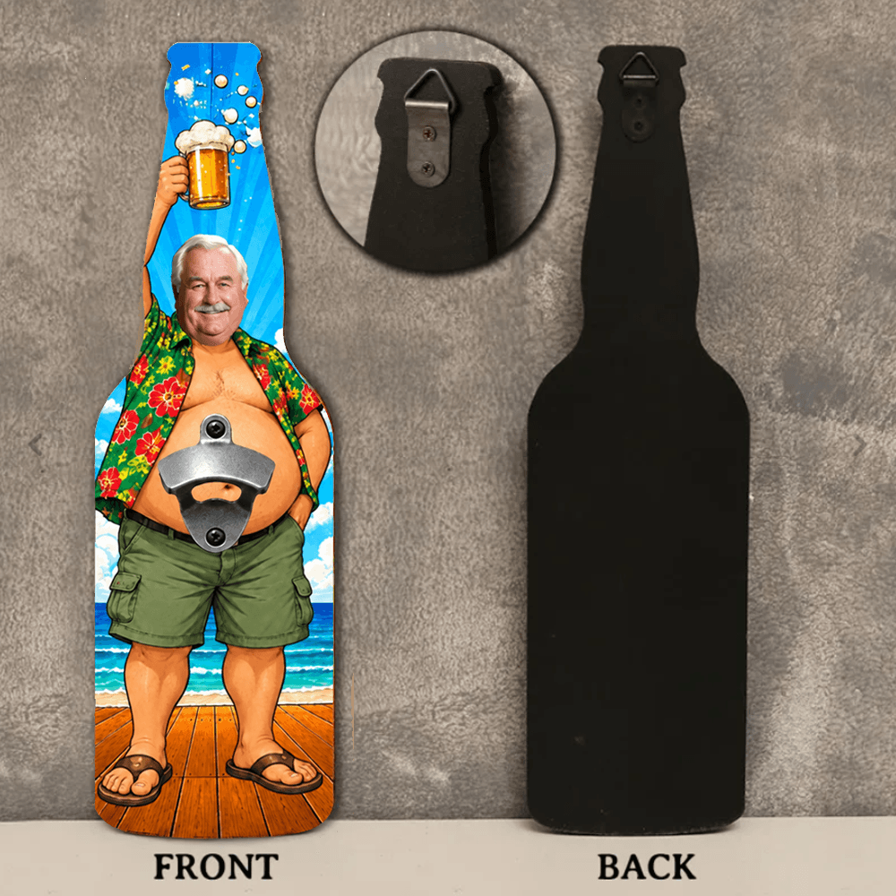Custom Photo Wooden Wall-Mounted Bottle Opener, Funny Personalized Beer Lover Gift for Dad, Husband or Grandpa