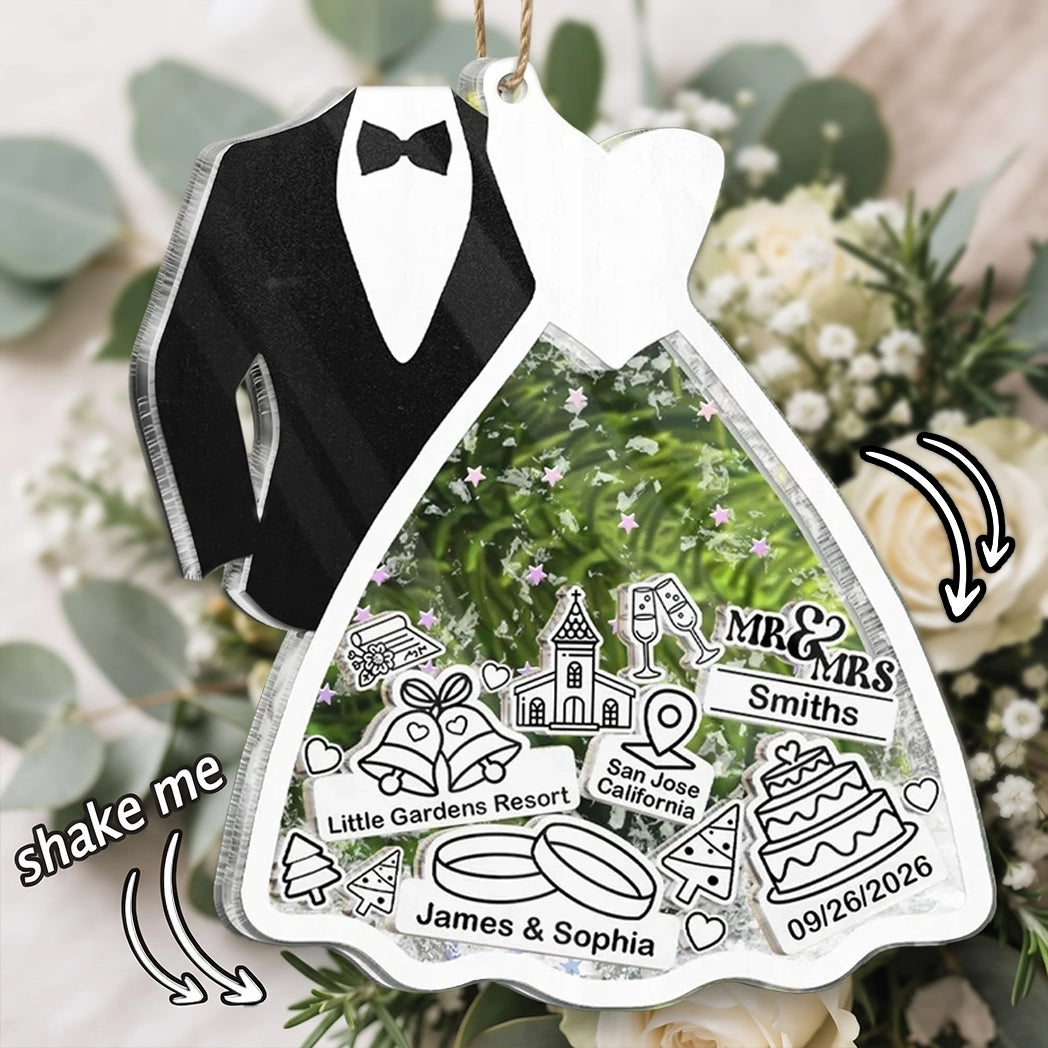 Personalized Acrylic Shaker Ornament, Black and White Bride and Groom Design, Unique Wedding Gift for a Couple