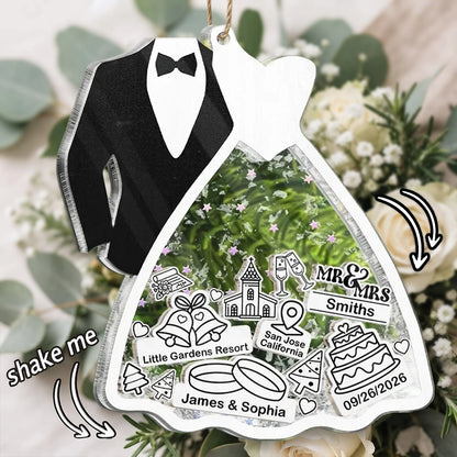 Personalized Acrylic Shaker Ornament, Black and White Bride and Groom Design, Unique Wedding Gift for a Couple