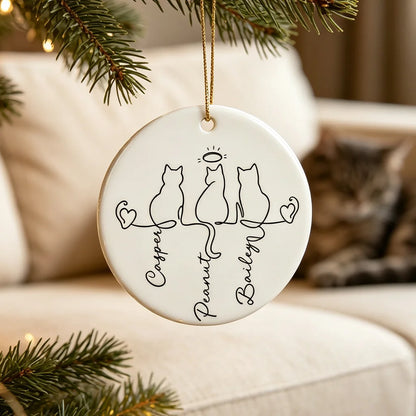 Personalized Ceramic Ornament with Halo Cat Silhouettes, Unique Pet Memorial Gift for Cat Owners