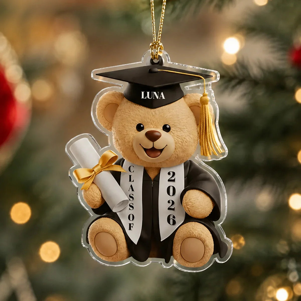 Personalized Acrylic Ornament, Teddy Bear Graduate Holding Diploma, Unique Gift for Tree Display