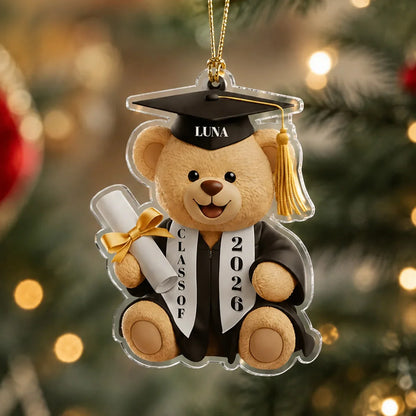 Personalized Acrylic Ornament, Teddy Bear Graduate Holding Diploma, Unique Gift for Tree Display