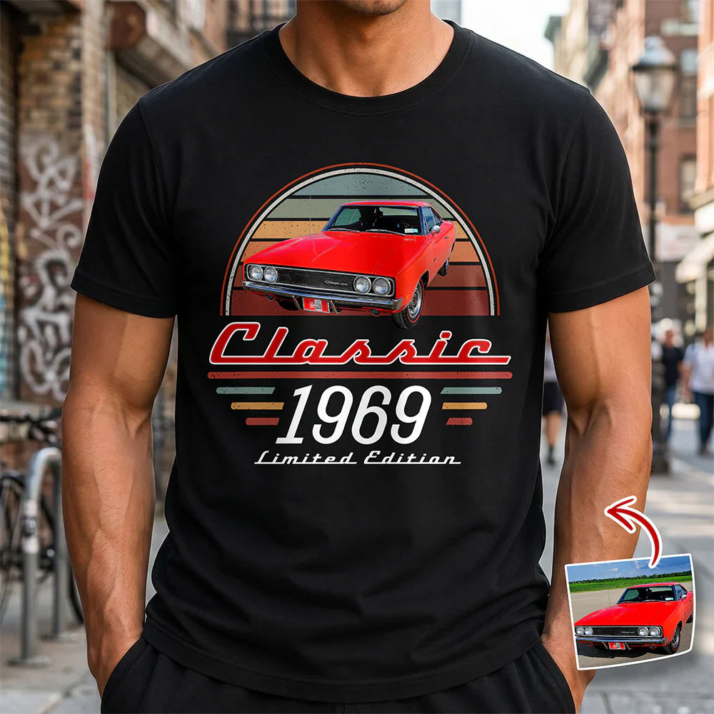 Personalized Classic Tee With Custom Car Photo & Retro Stripes, Unique Gift For Dad Grandpa Husband