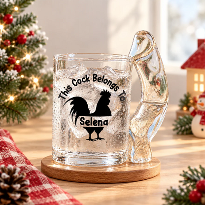 Personalized Glass Mug, This Cock Belongs To Rooster Design, Unique Christmas Gift for Husband or Boyfriend