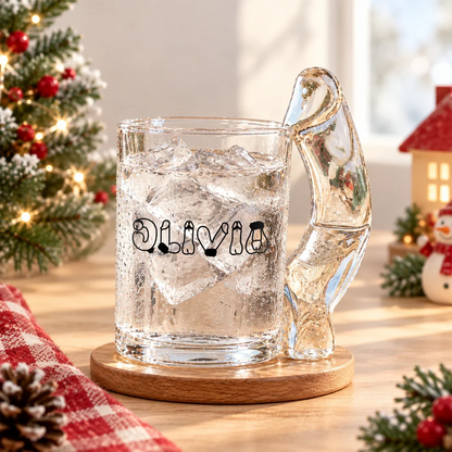Personalized Curved Handle Glass Mug with Festive Lettering, Unique Gift for Coworker