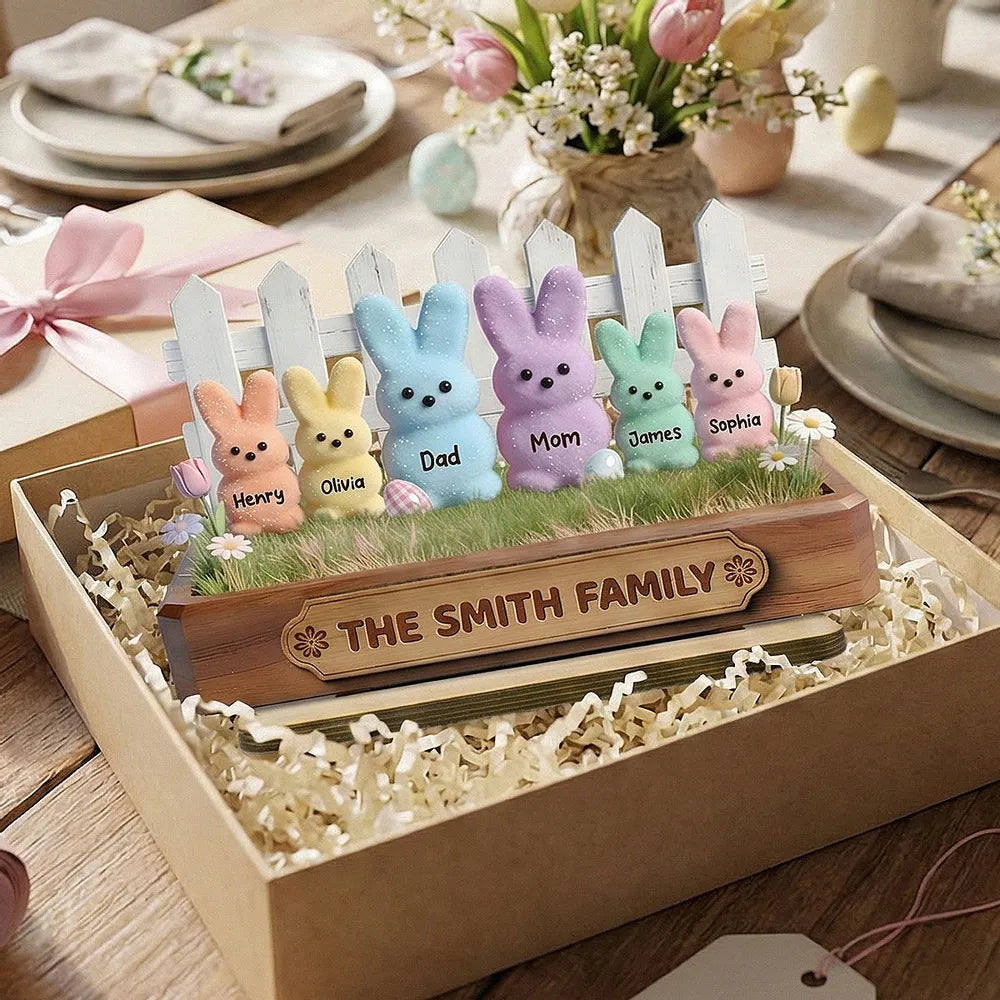 Personalized Easter Bunny Family 2-Layer Wooden Plaque, Pastel Spring Shelf Decor, Unique Gift For Family