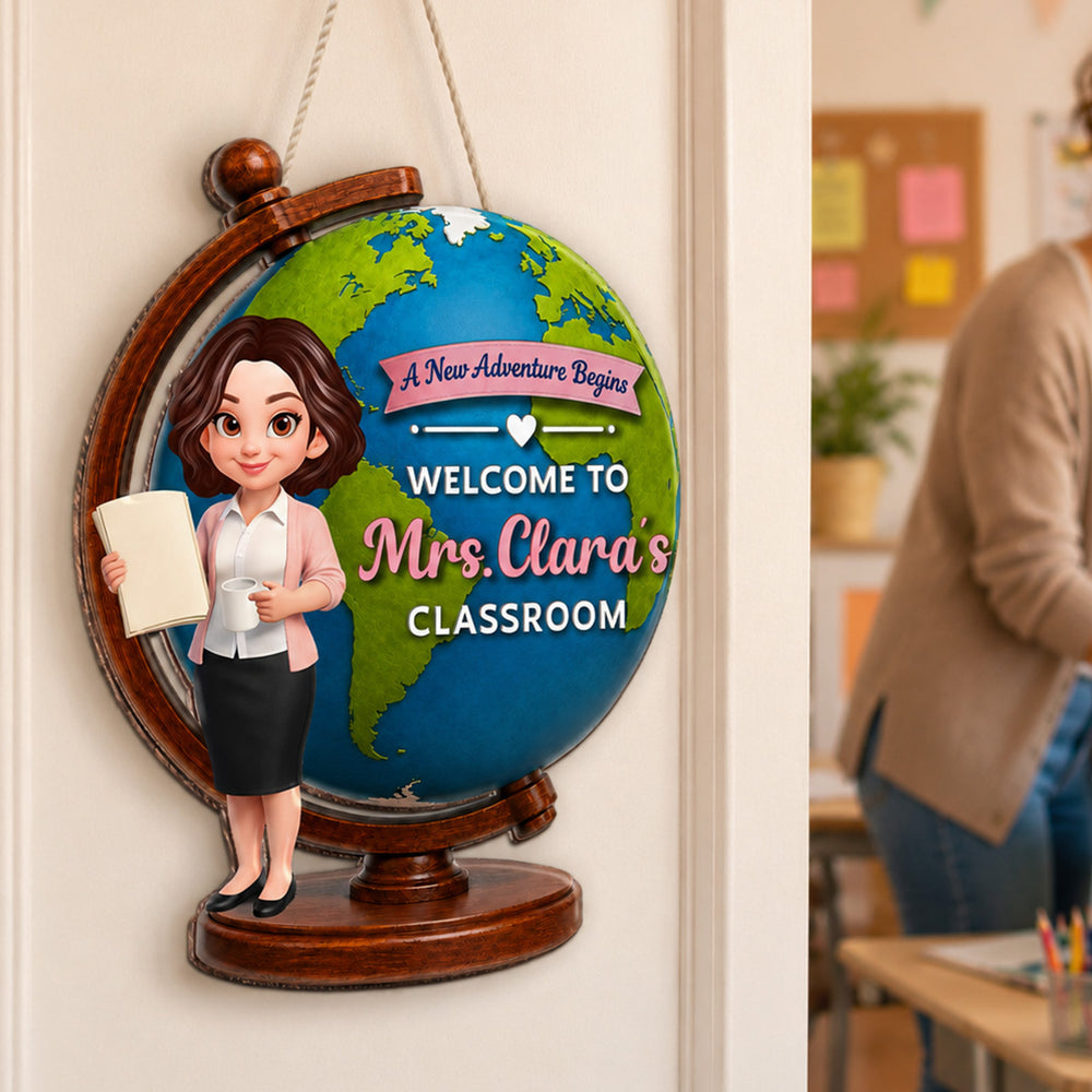 Wooden Sign with A New Adventure Begins Globe Art, Personalized Teacher Gift for Classroom Welcome