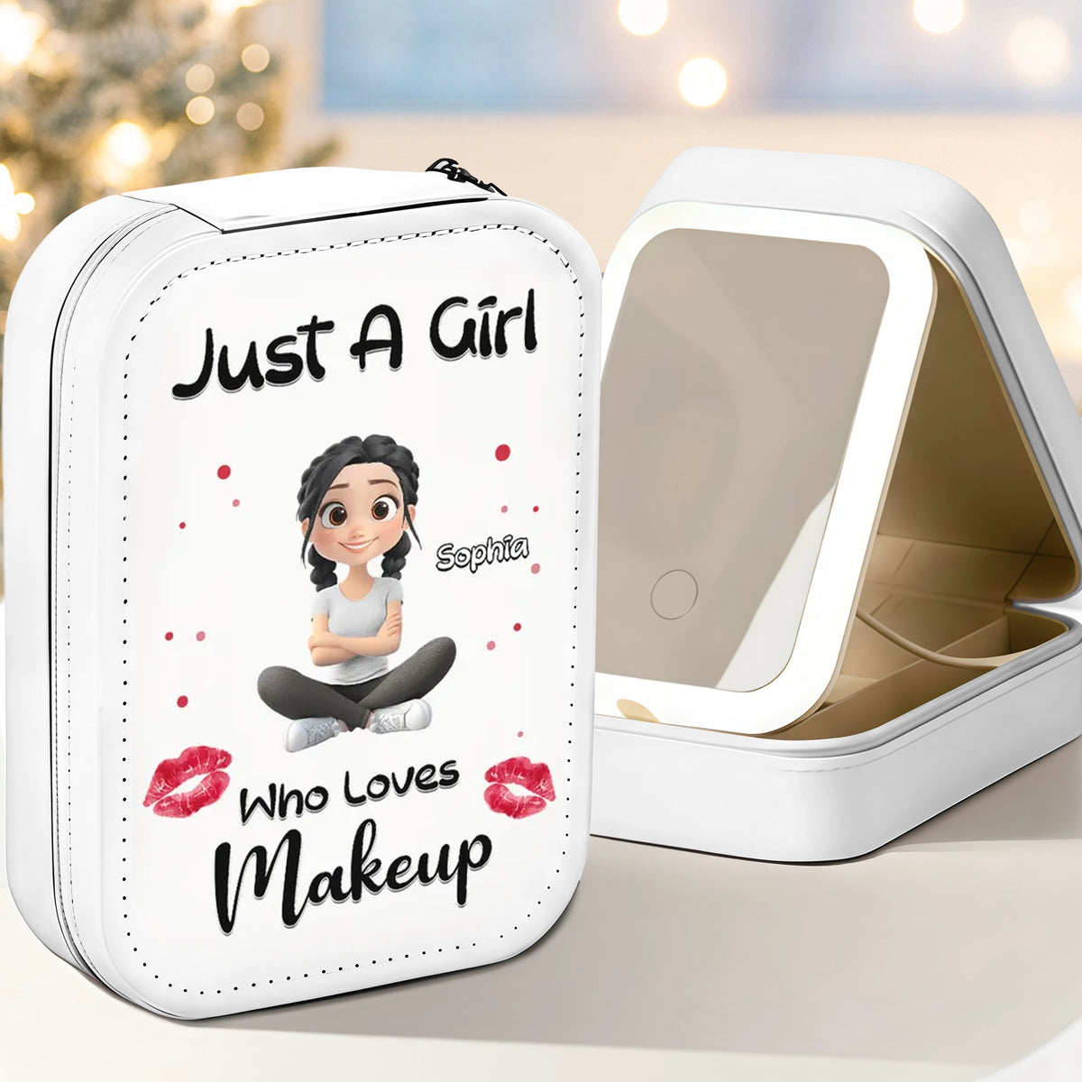 Personalized Leather LED Makeup Case, Cute Sitting Girl Design, Unique Creative Gift for Makeup Lovers