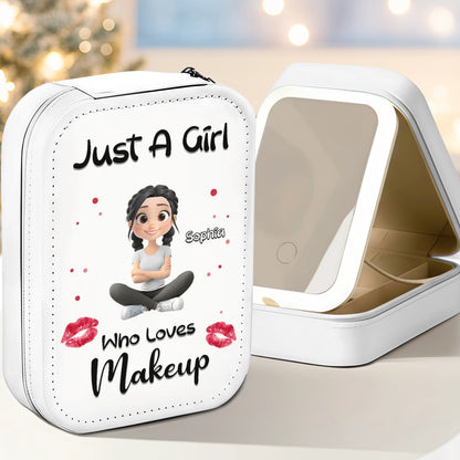 Personalized Leather LED Makeup Case, Cute Sitting Girl Design, Unique Creative Gift for Makeup Lovers