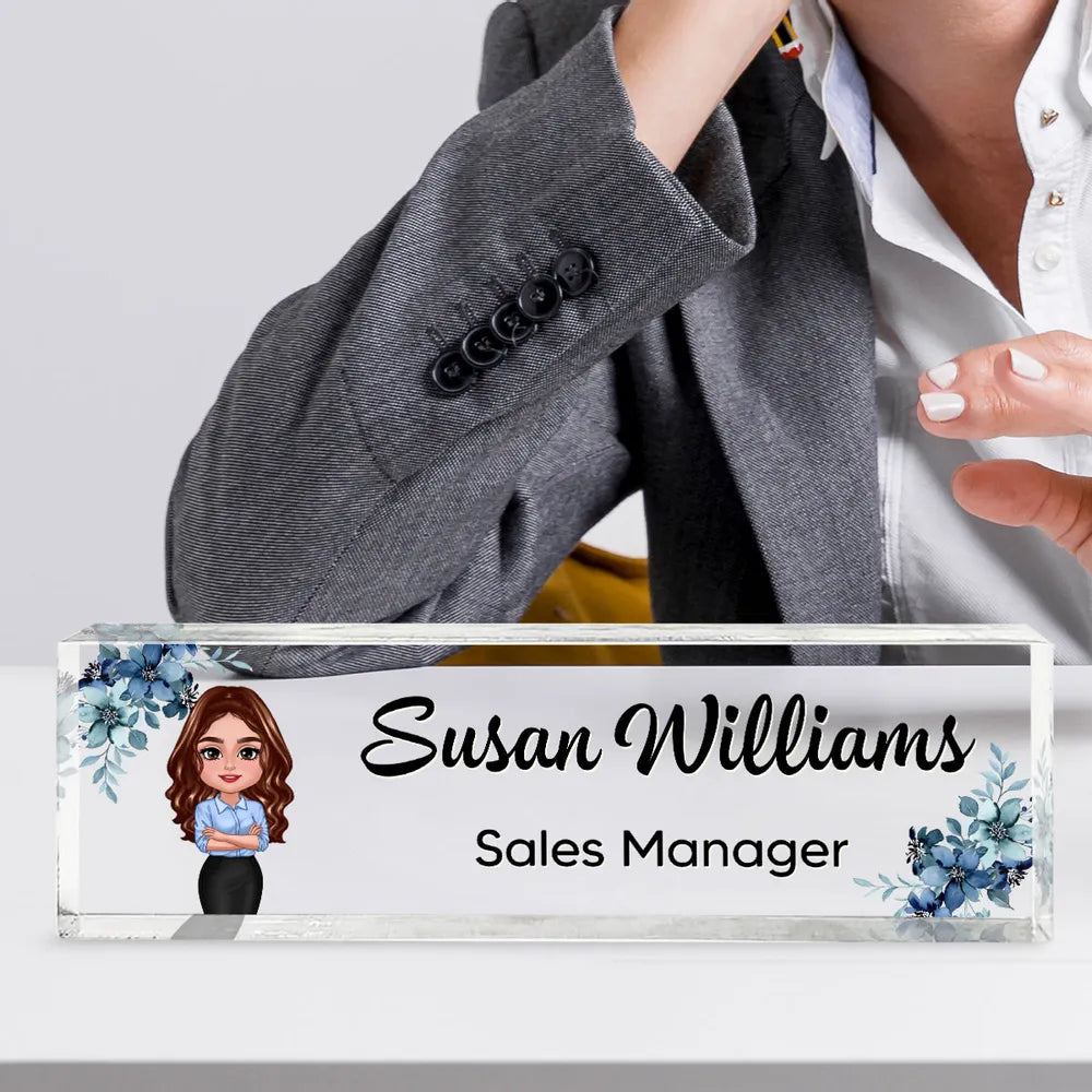 Personalized Rectangle Acrylic Block Plaque with Daisy Office Character, Unique Desk Decor Gift for Coworker or Boss