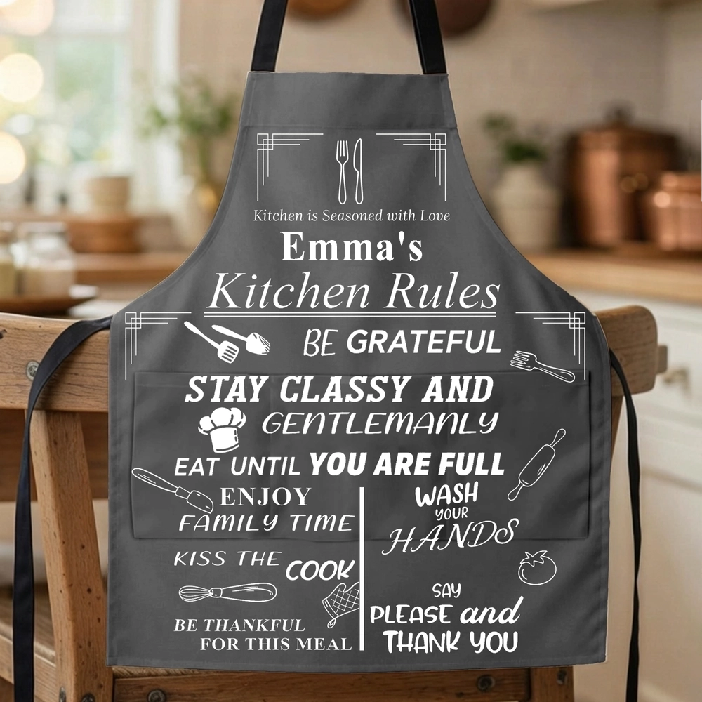 Personalized Kitchen Rules Apron with Custom Name - Funny Gift for Home Cooks, Durable "Seasoned with Love" Pocket Design