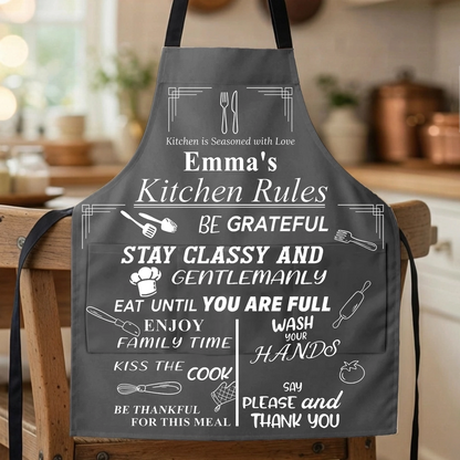 Personalized Kitchen Rules Apron with Custom Name - Funny Gift for Home Cooks, Durable "Seasoned with Love" Pocket Design