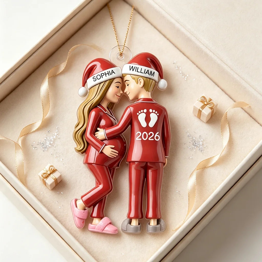 Personalized Acrylic Ornament With Baby Bump Couple in Santa Hats, Unique Gift for Parents to Be