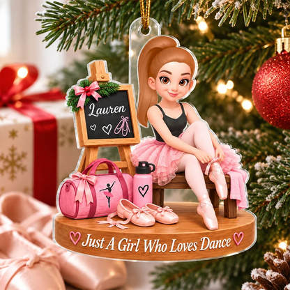 Personalized Acrylic Ornament, Pink Cartoon Ballerina Tying Pointe Shoe, Unique Christmas Gift for Daughter