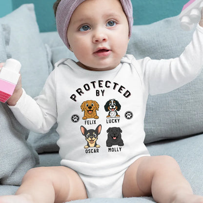 Personalized Protected By Dog Long Sleeve Baby Onesie Cute Cartoon Pup & Paw Prints Unique Baby Gift