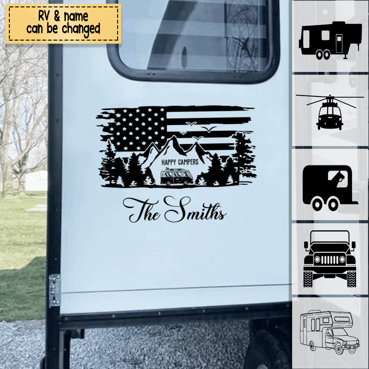 Personalized Sticker Decal, Happy Campers American Flag Scene, Unique Creative Gift for Camping Family
